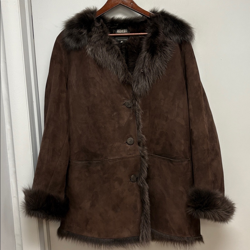 Hilary Radley Genuine Suede Coat with Plush Fur Trim – Chocolate Brown